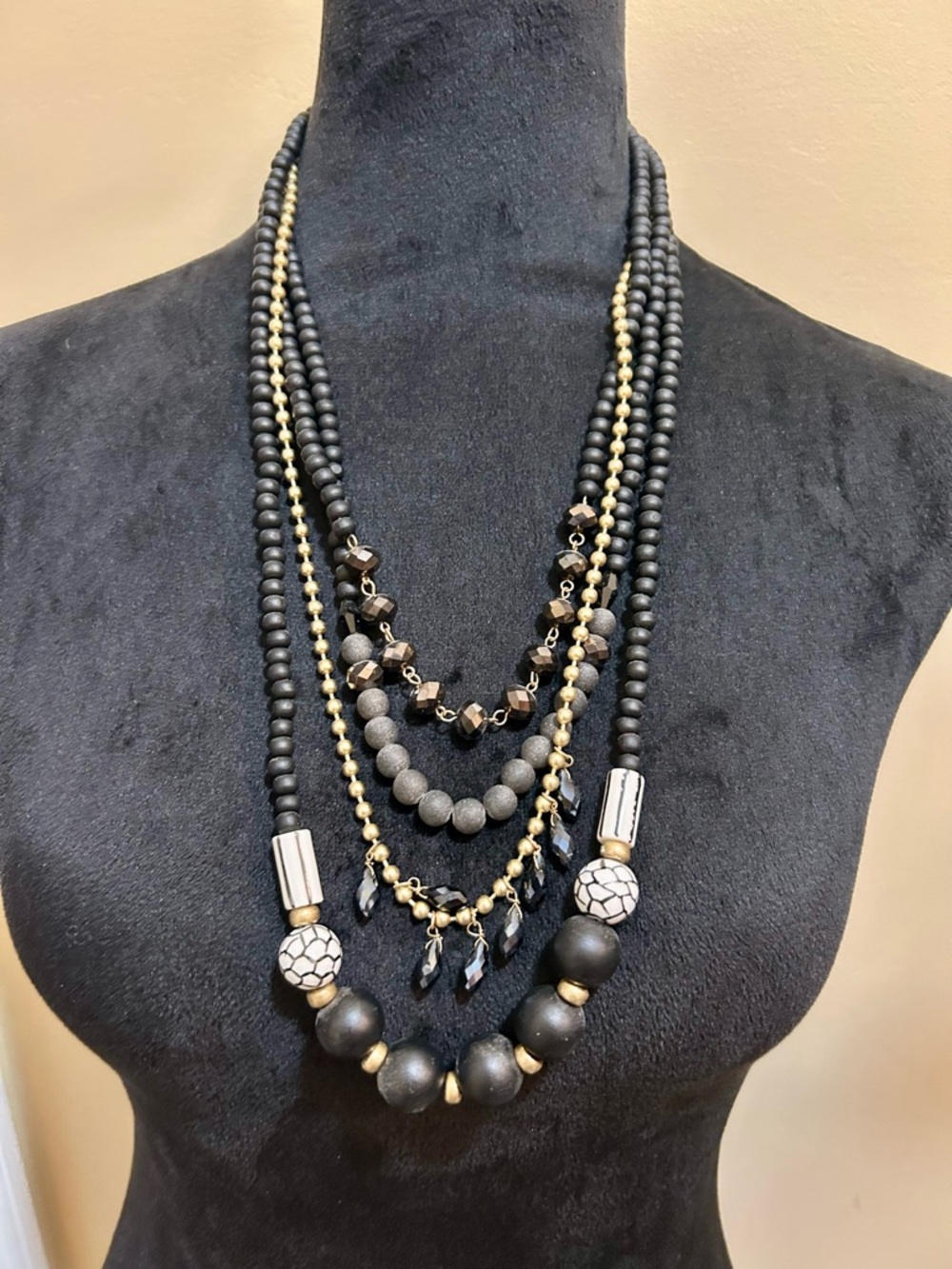 Layered Black and Gold Beaded Statement Necklace